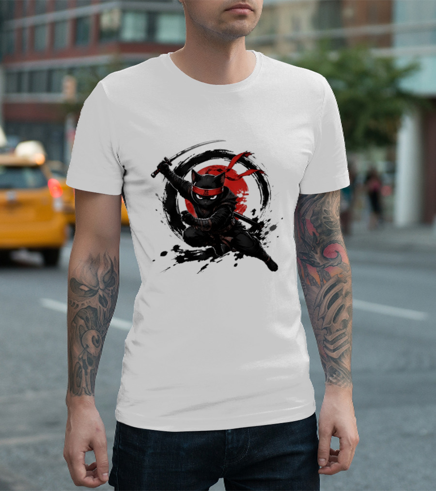Ninja Cat Katana Warrior Red Rising Sun T-Shirt