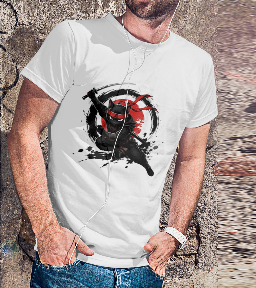 Ninja Cat Katana Warrior Red Rising Sun T-Shirt