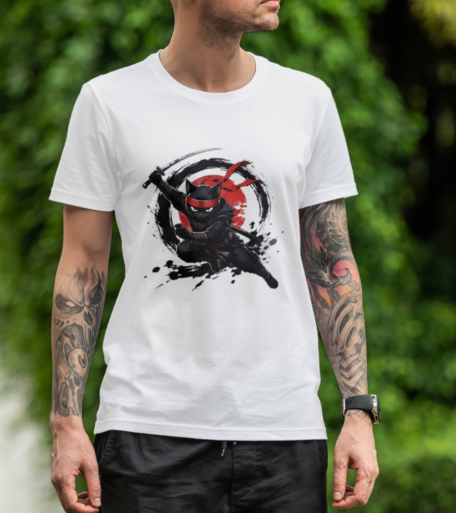 Ninja Cat Katana Warrior Red Rising Sun T-Shirt