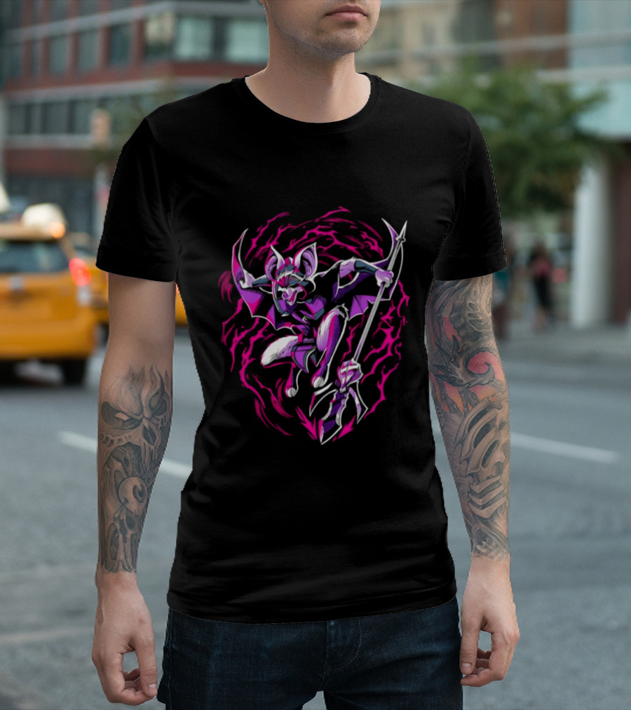 Thorne Bat Warrior With Spear Fantasy Purple Pink Swirl T-Shirt
