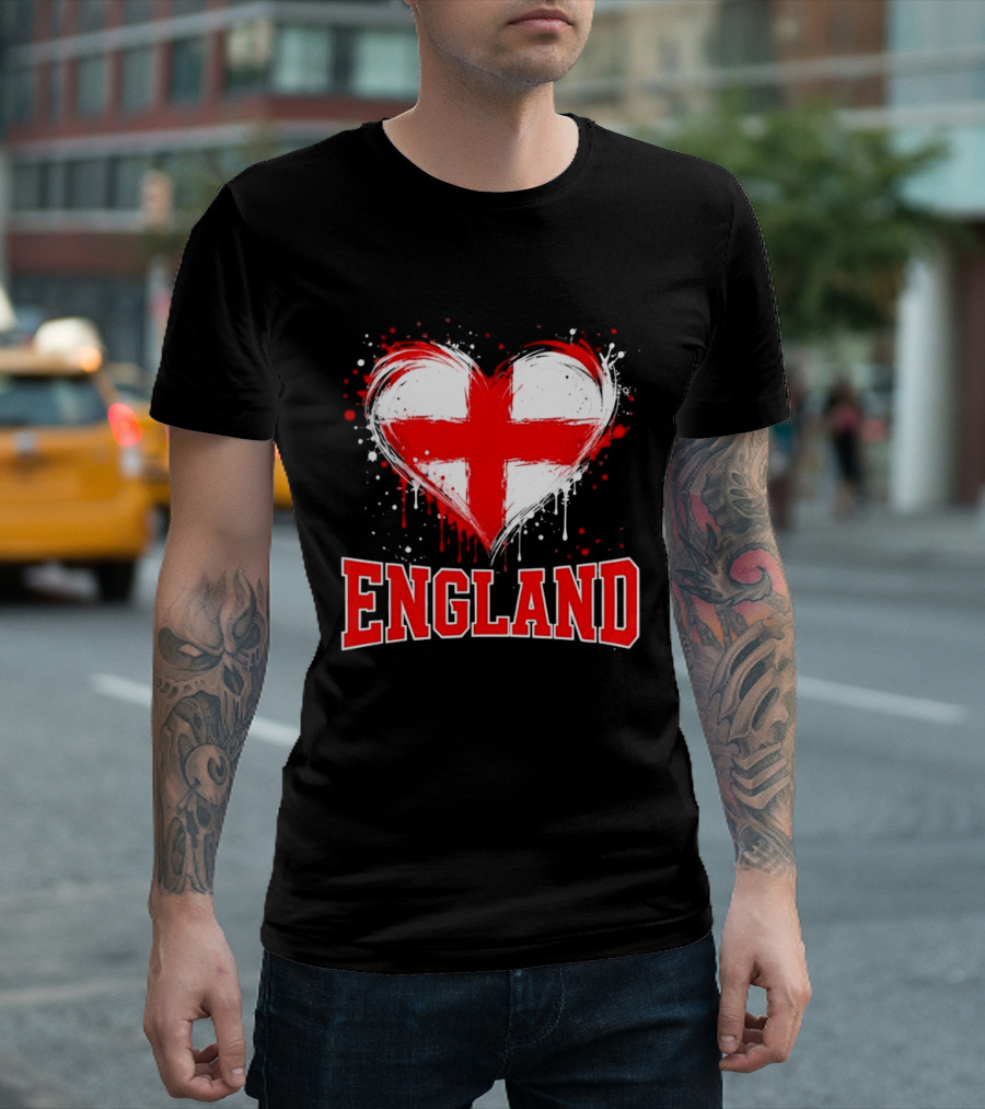 England Heart Flag Paint Splatter Red And White Cross T-Shirt