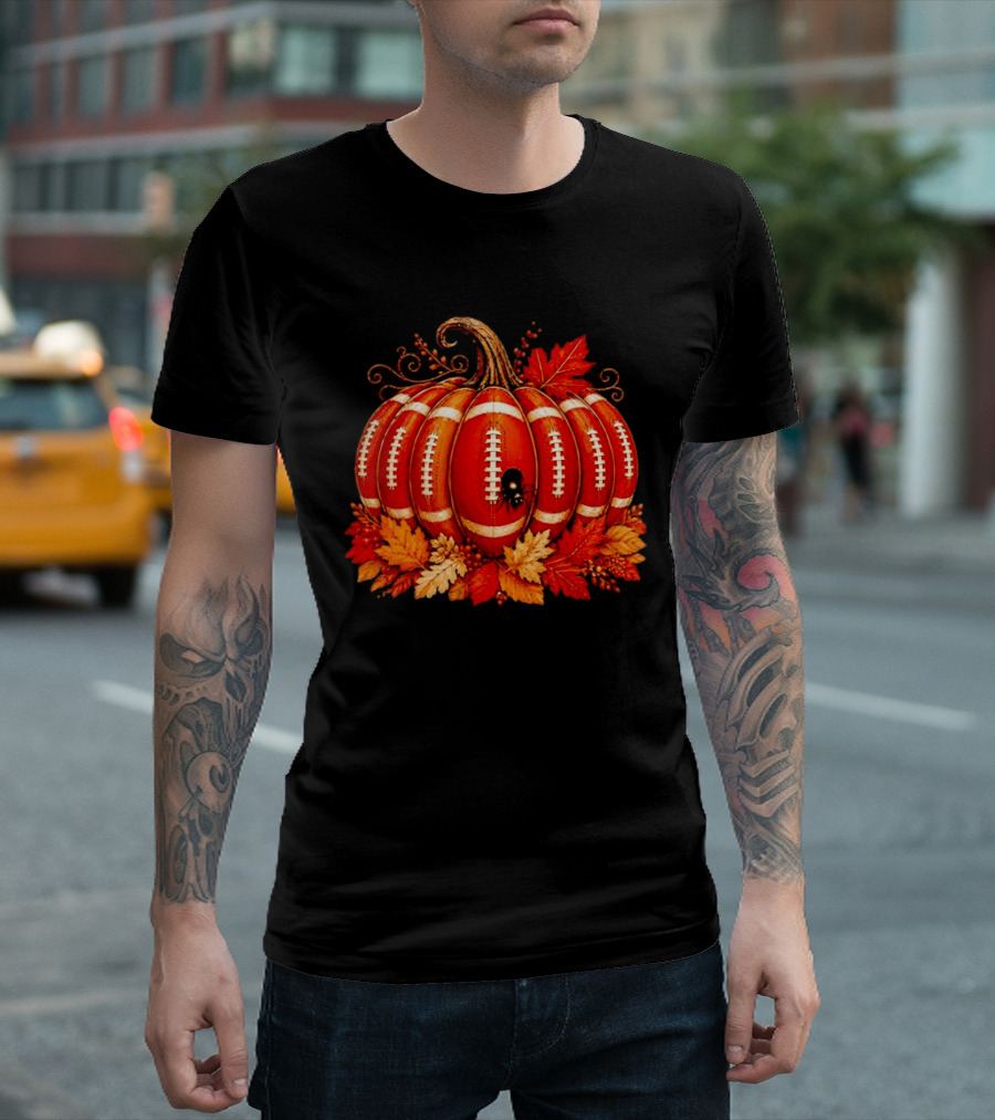 Football Pumpkin Spider Autumn Leaves Thanksgiving Decor T-Shirt