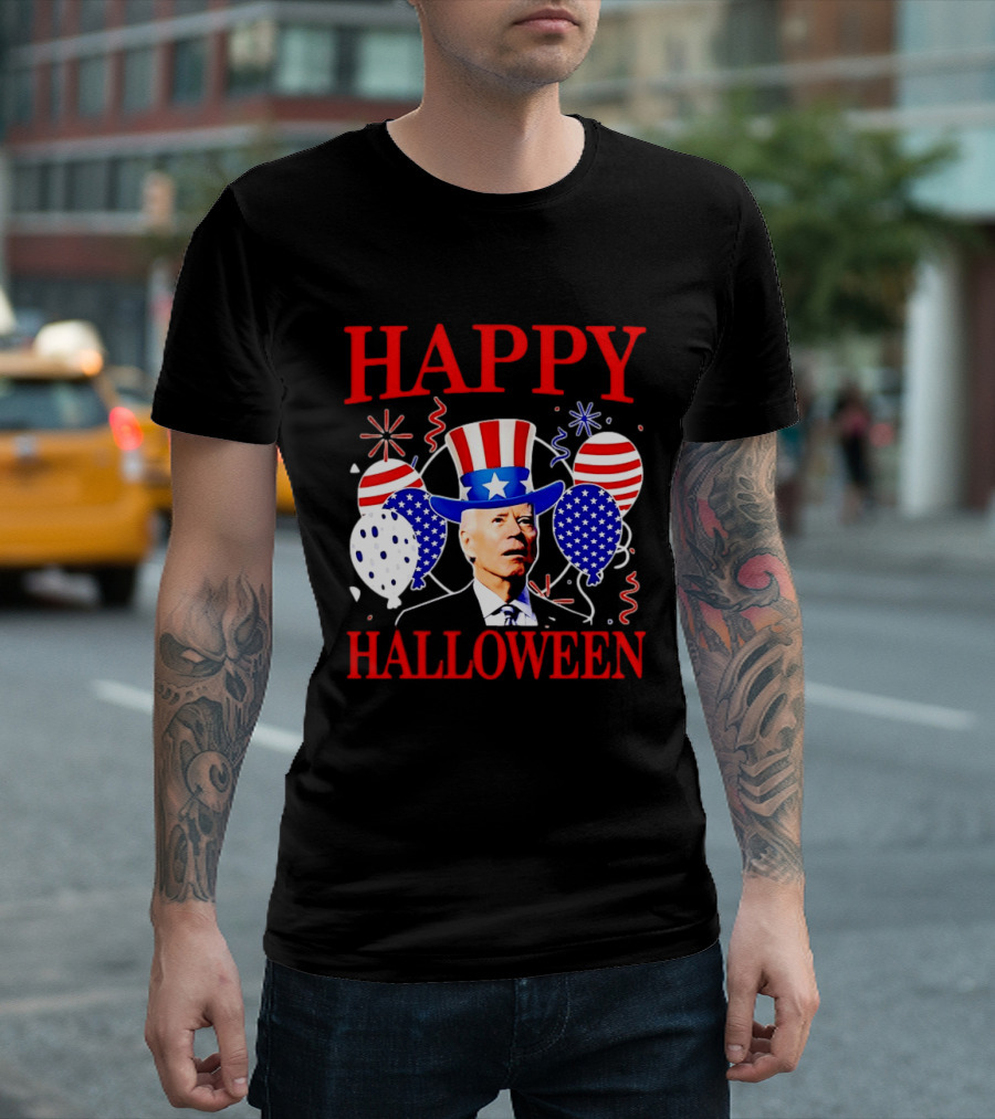 Happy Halloween Biden Uncle Sam Hat American Flag Balloons T-Shirt