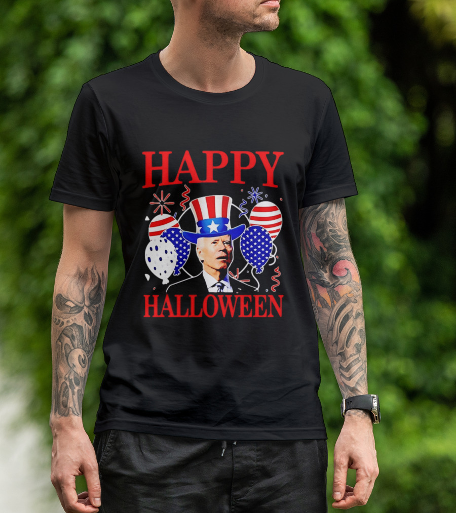 Happy Halloween Biden Uncle Sam Hat American Flag Balloons T-Shirt