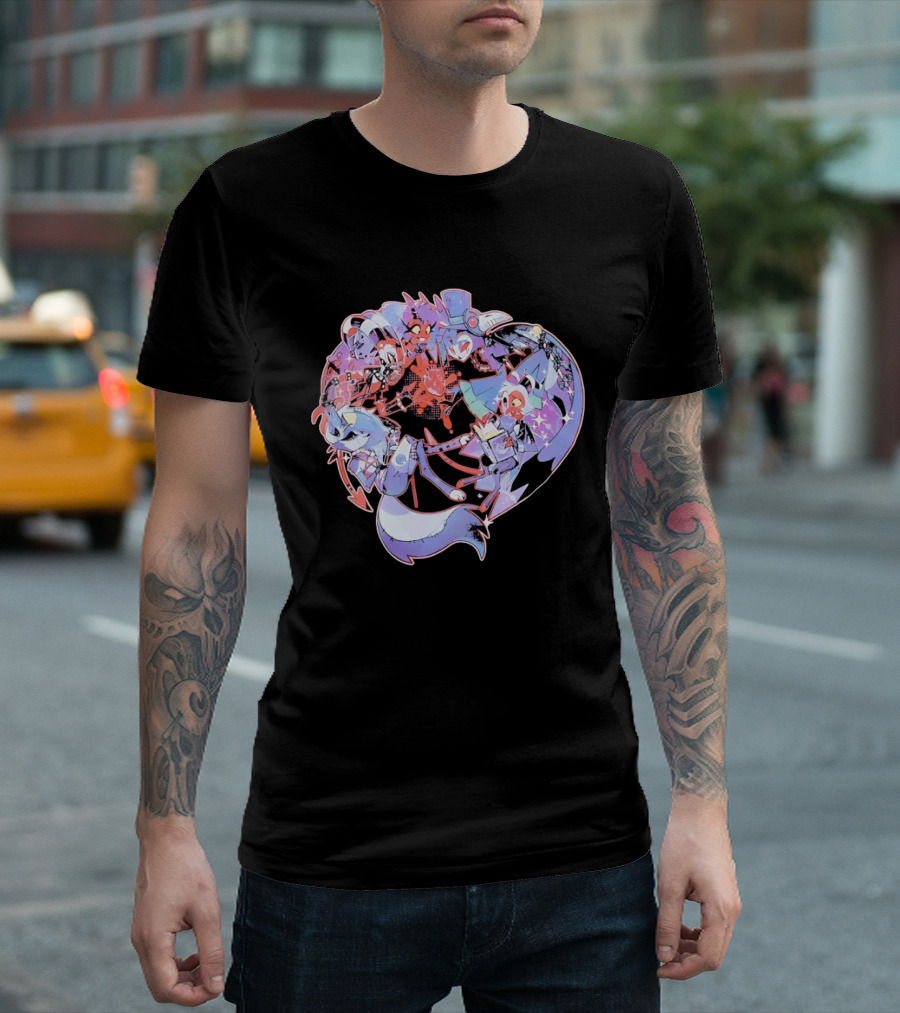 Helluva Boss Blitzø Moxxie Heart Character Collage T-Shirt