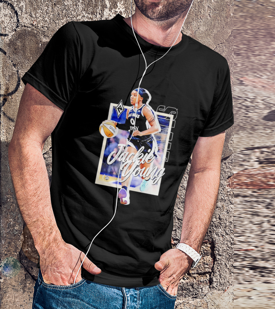 Jackie Young Las Vegas Aces Number 0 Dribbling Action With Wilson Basketball And Lids Headband T-Shirt