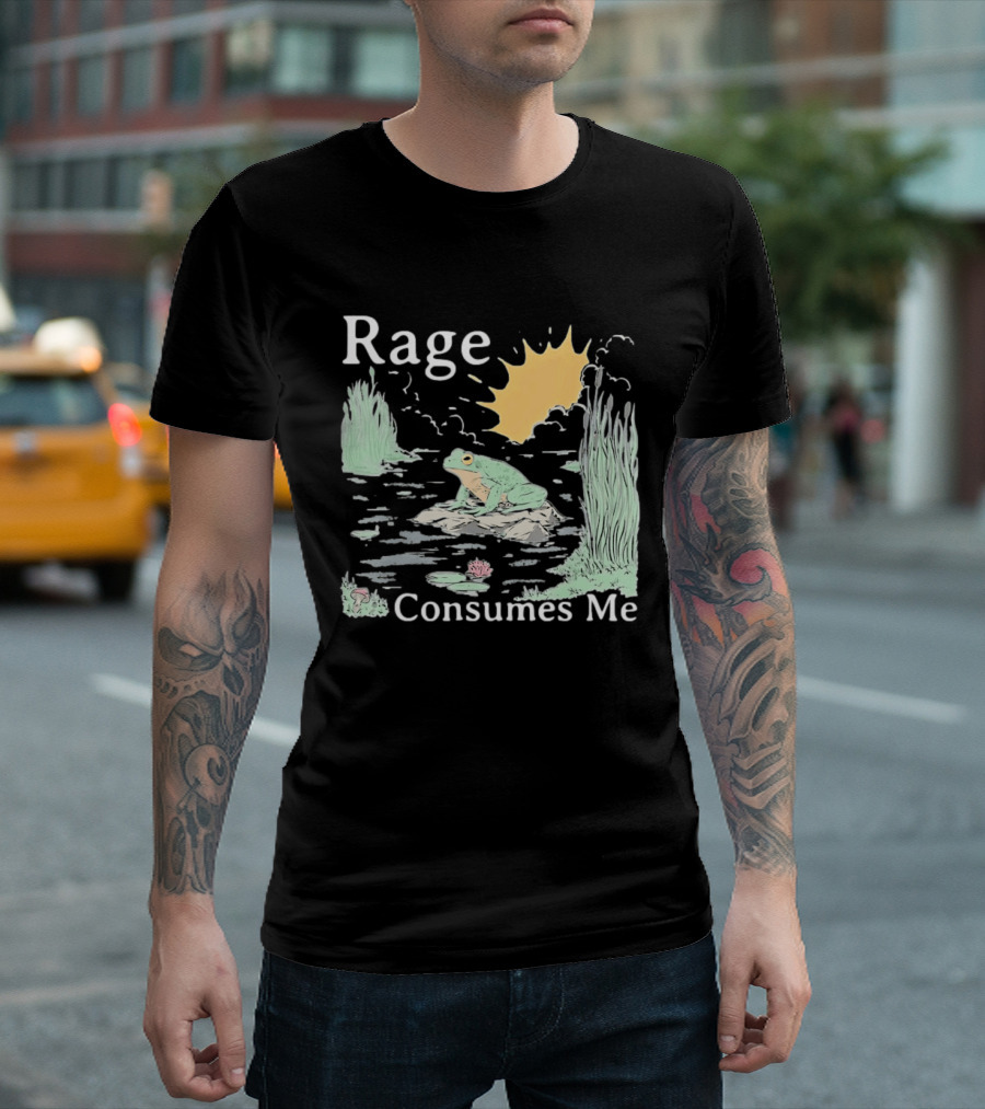 Rage Consumes Me Frog On Rock With Sunburst And Pond Scene T-Shirt