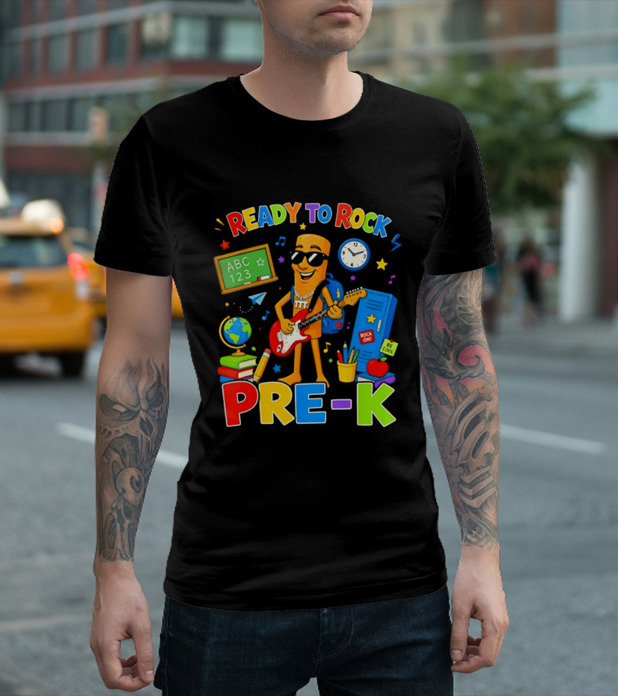 Ready To Rock Pre K Cartoon With Guitar And School Supplies T-Shirt