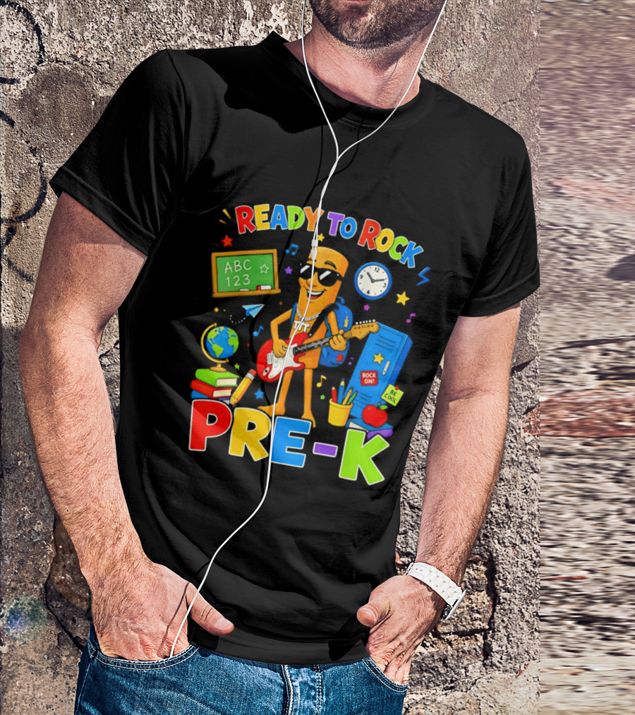 Ready To Rock Pre K Cartoon With Guitar And School Supplies T-Shirt