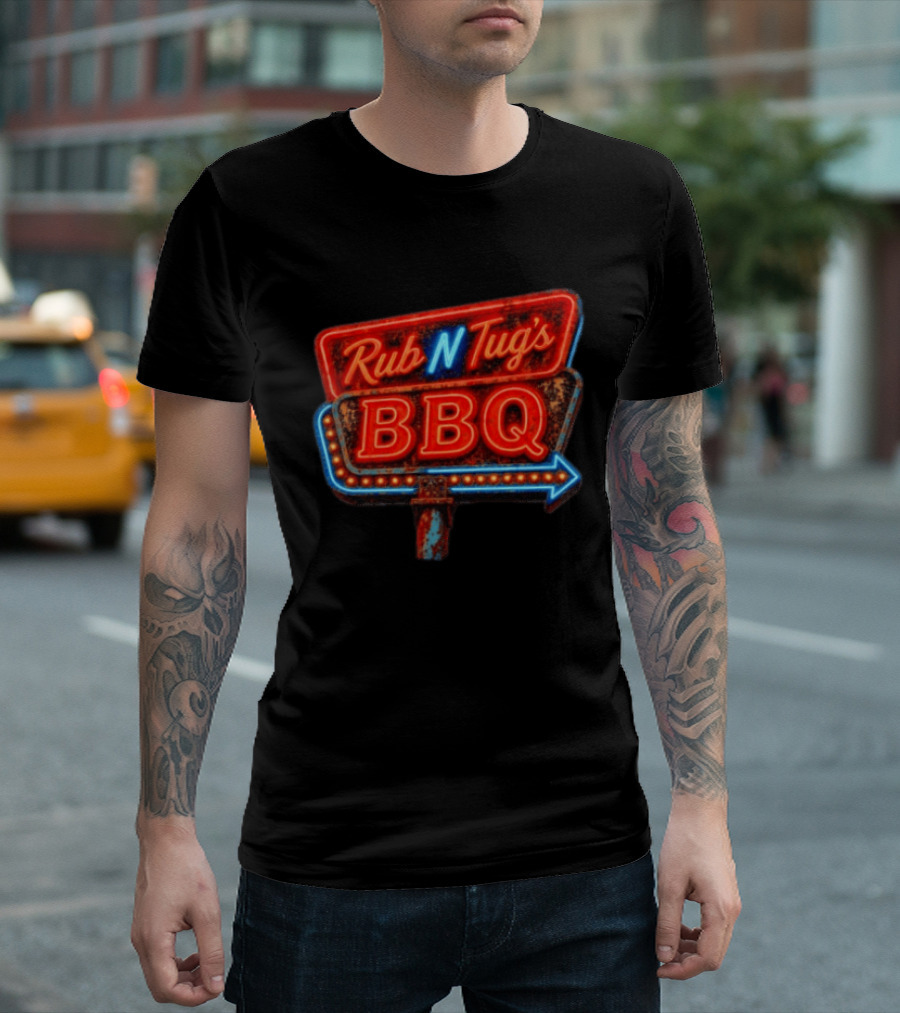 Rub N Tug's BBQ Neon Sign Barbecue Arrow T-Shirt