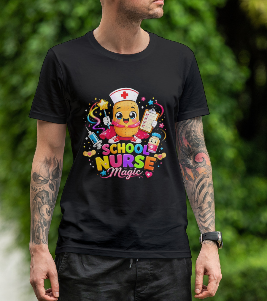 Magic School Nurse Potato Cartoon With Syringe And Pill T-Shirt