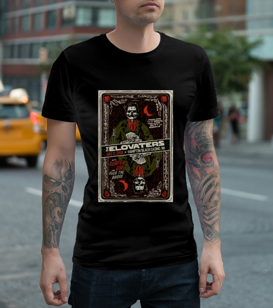 The Elovaters July 17 2026 Hampton Beach Casino NH Surfer Girl Over The Bridge Skeleton Cards T-Shirt