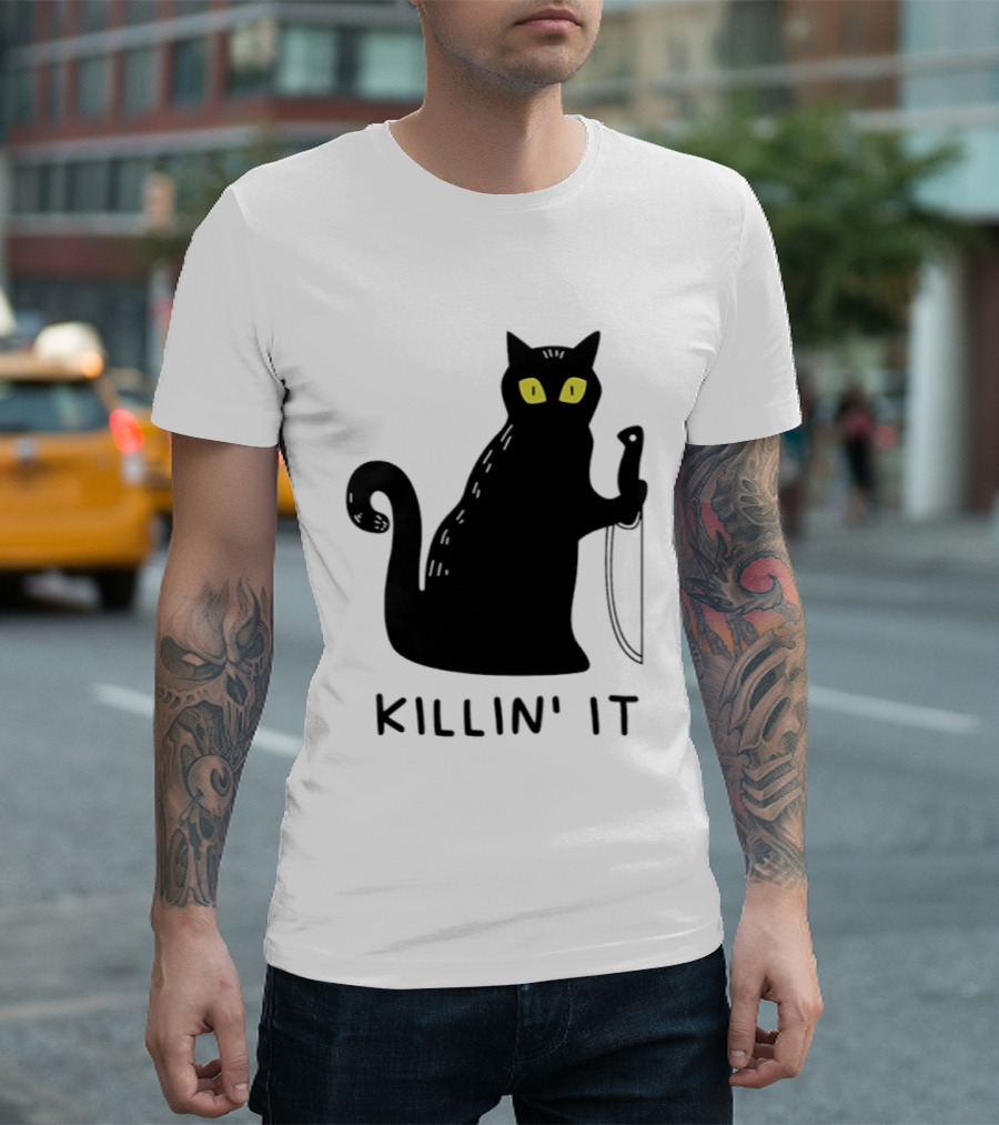 Black Cat Killin' It Halloween Knife T-Shirt