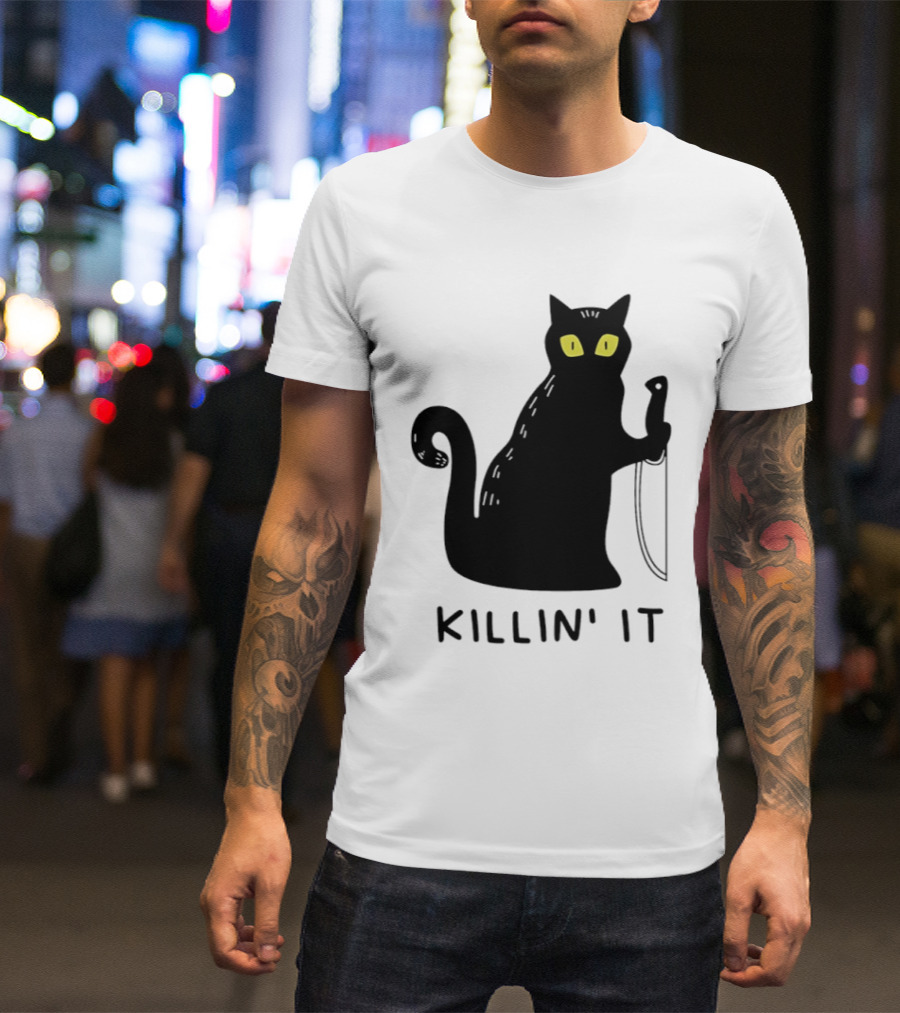Black Cat Killin' It Halloween Knife T-Shirt