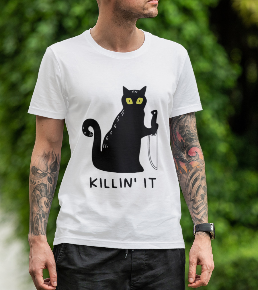 Black Cat Killin' It Halloween Knife T-Shirt