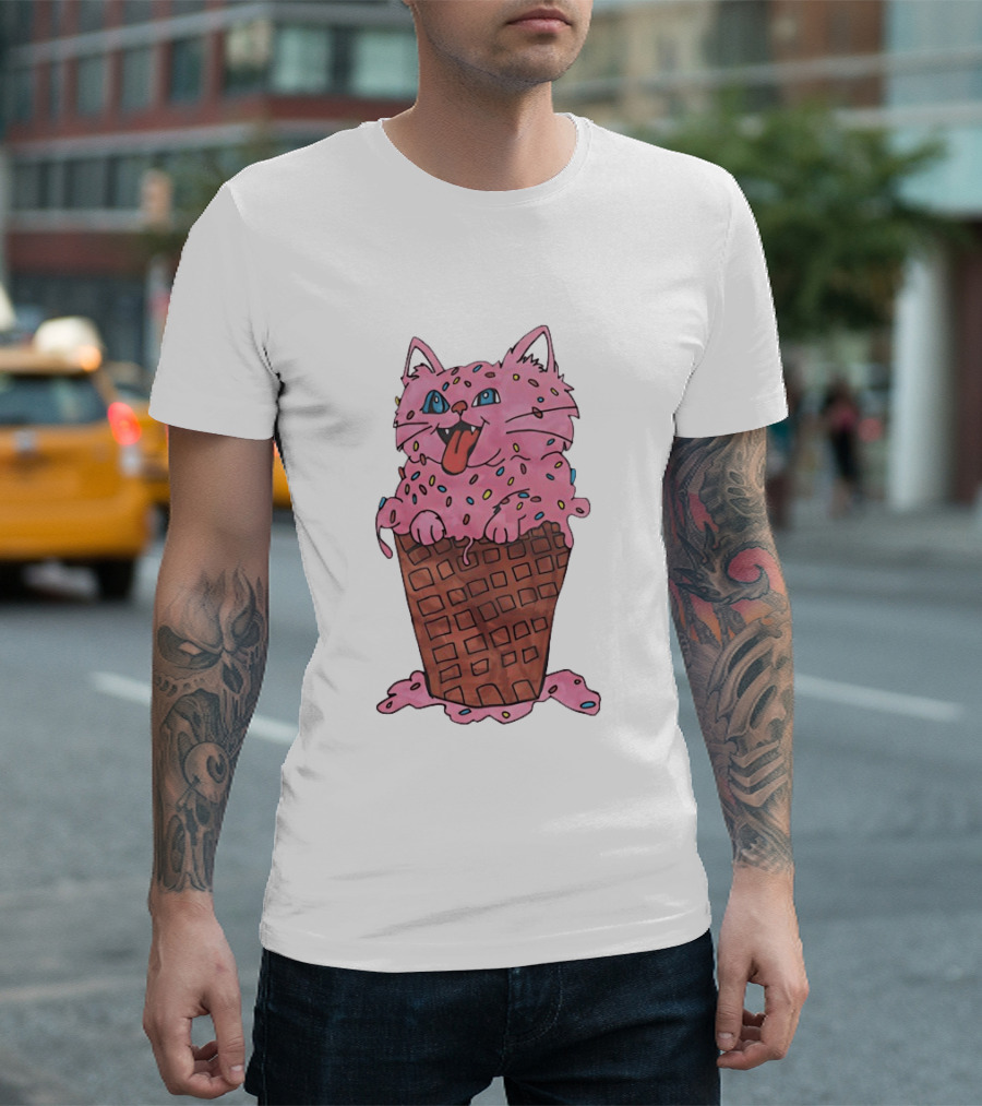Pink Cat Ice Cream Cone Sprinkles Waffle Delight T-Shirt