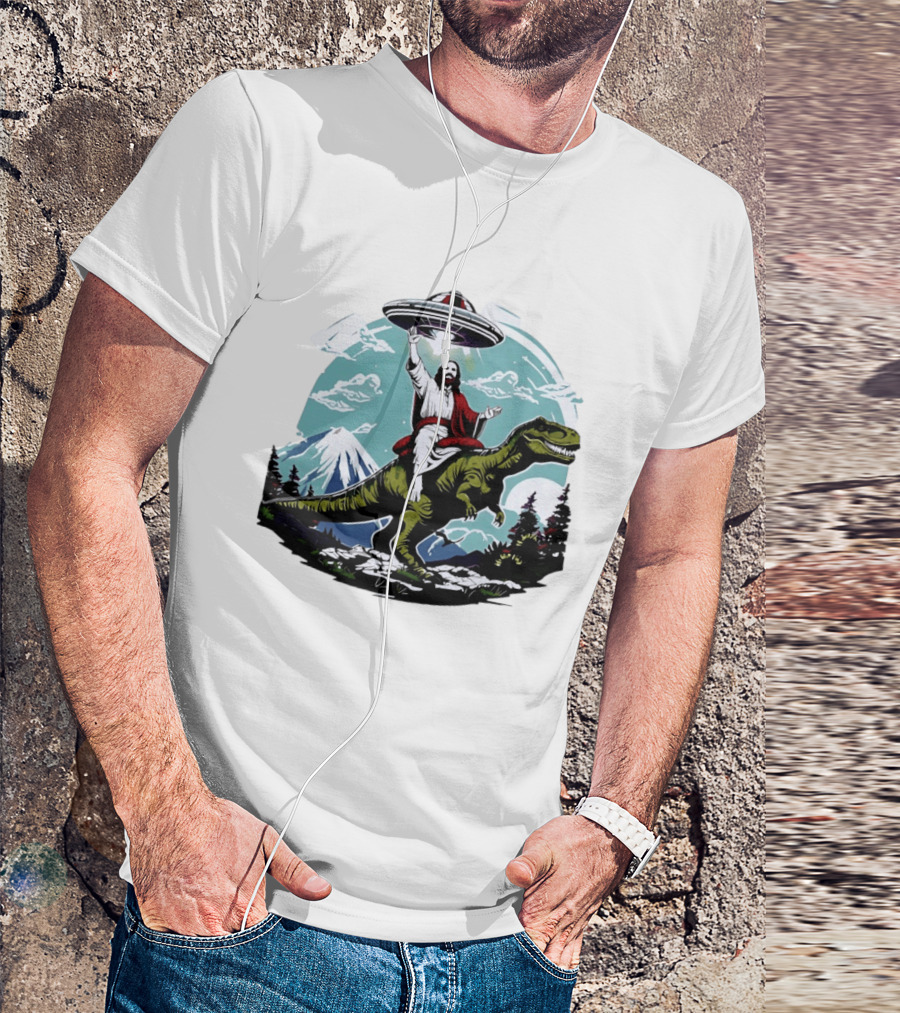 Jesus Riding Rex UFO Nature Scene With Mountains And Trees T-Shirt