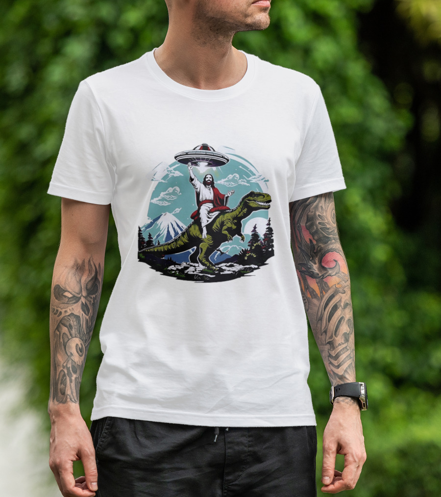 Jesus Riding Rex UFO Nature Scene With Mountains And Trees T-Shirt