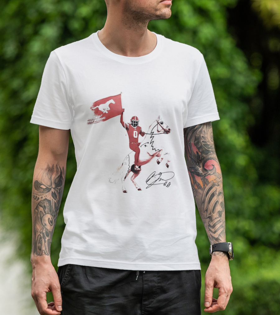 SMU Mustangs Football Player Riding Horse Holding Flag Number 0 T-Shirt