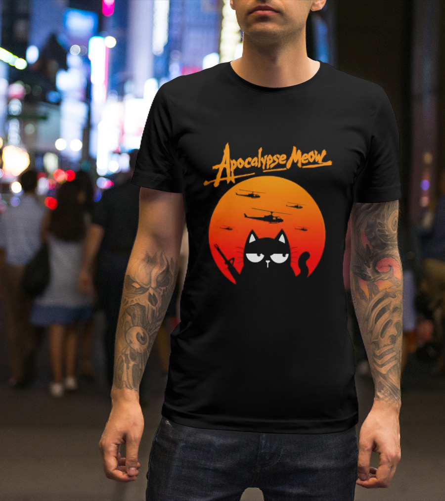Apocalypse Meow Cat Helicopter Orange Sun T-Shirt