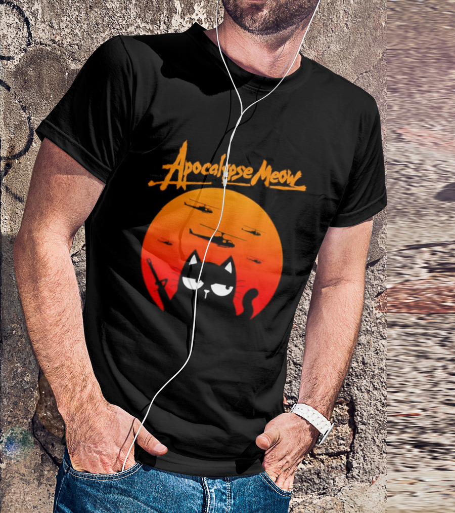 Apocalypse Meow Cat Helicopter Orange Sun T-Shirt