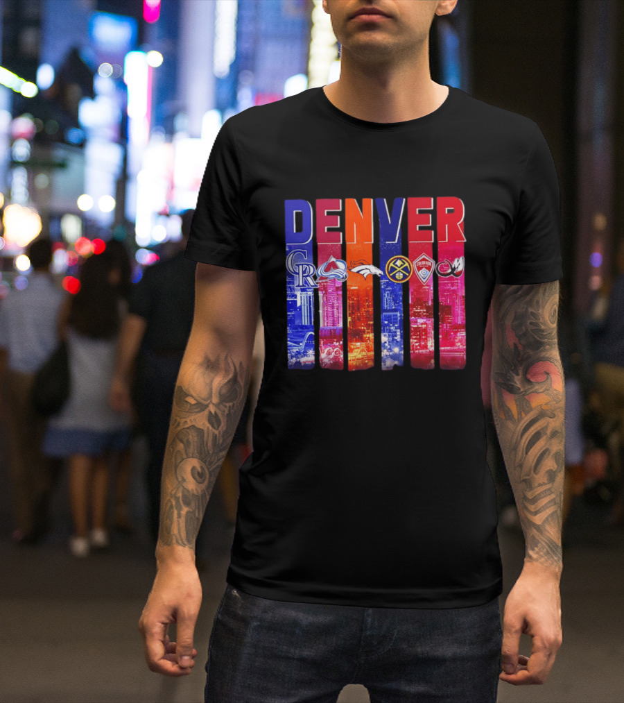 Denver City Skyline With Colorado Rockies Avalanche Broncos Nuggets Rapids Mammoth T-Shirt