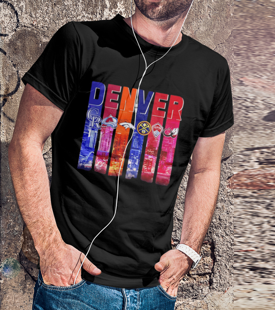 Denver City Skyline With Colorado Rockies Avalanche Broncos Nuggets Rapids Mammoth T-Shirt