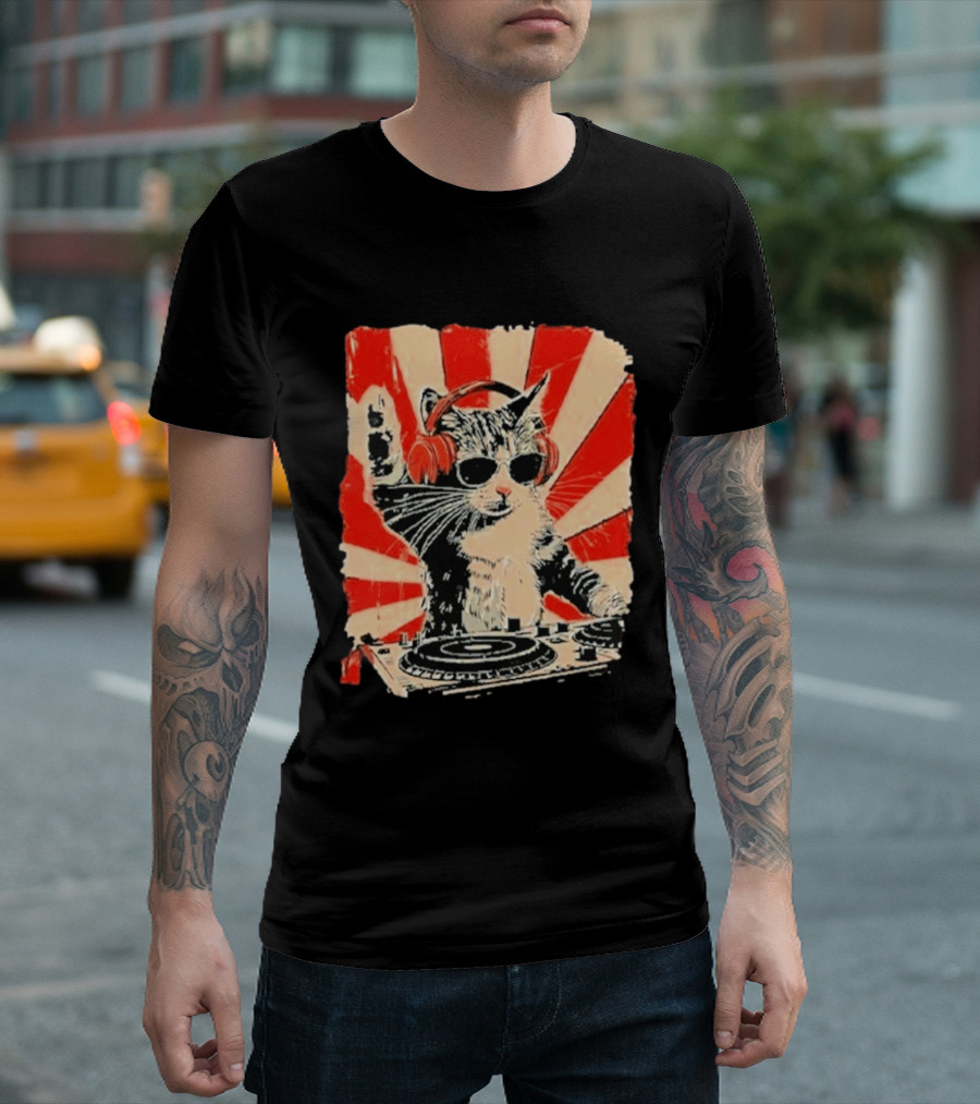 DJ Cat With Headphones Red Sunburst T-Shirt