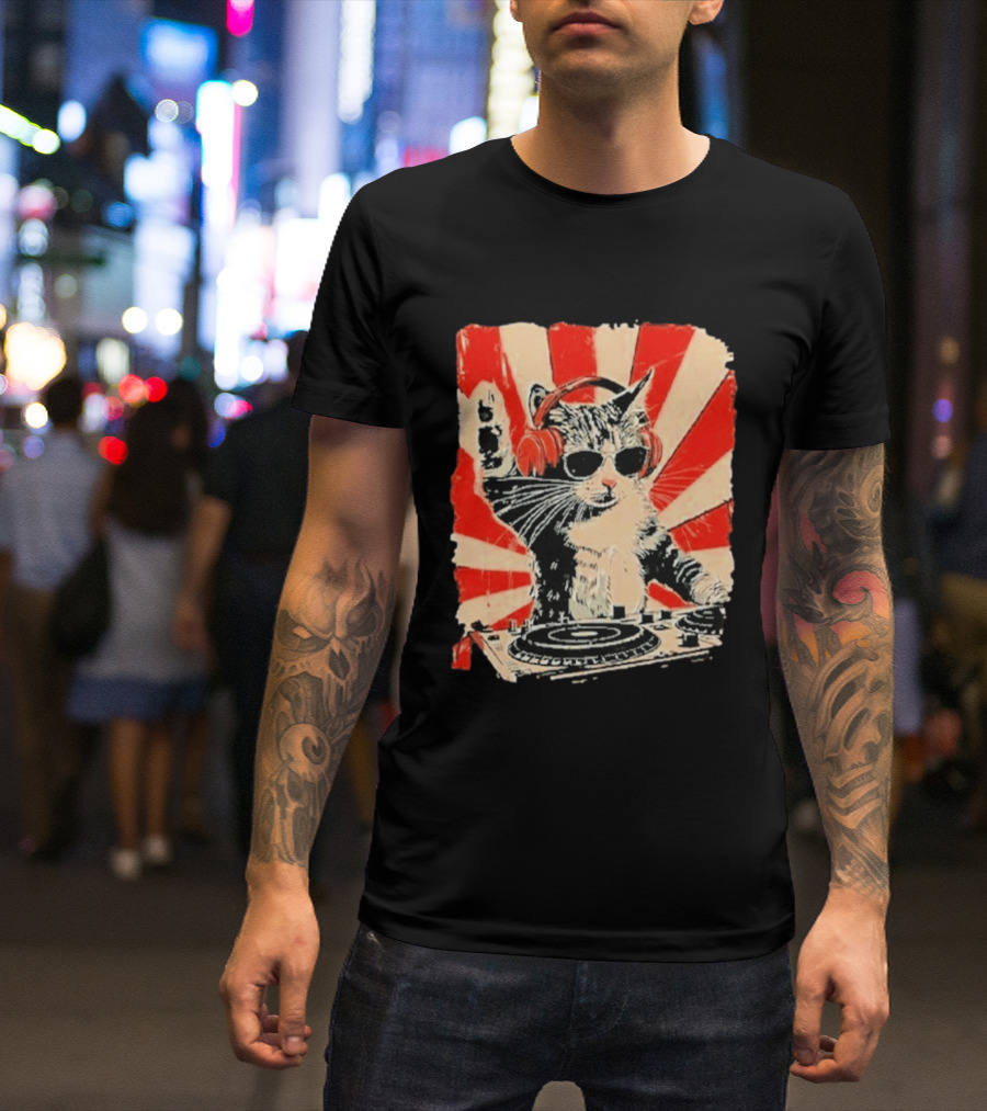 DJ Cat With Headphones Red Sunburst T-Shirt