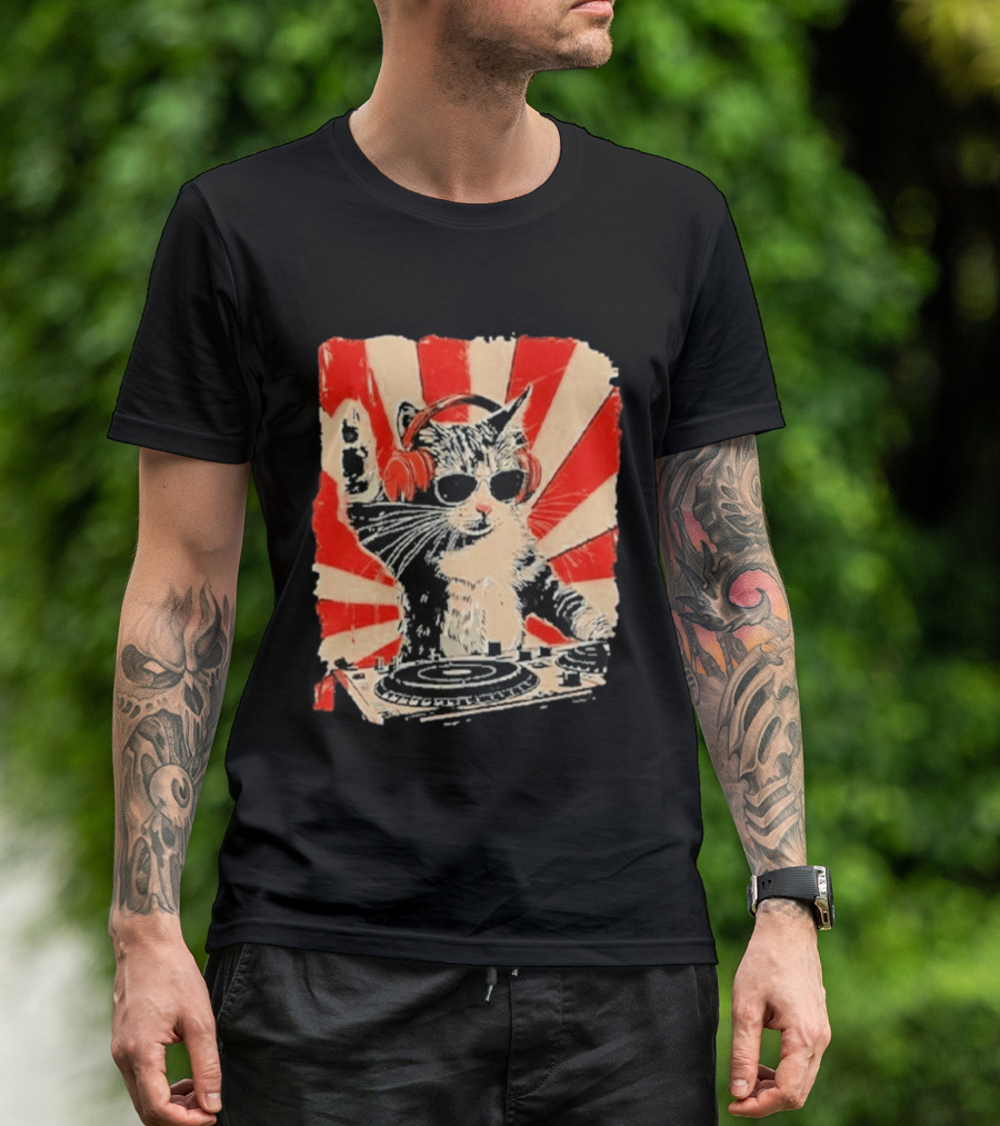 DJ Cat With Headphones Red Sunburst T-Shirt