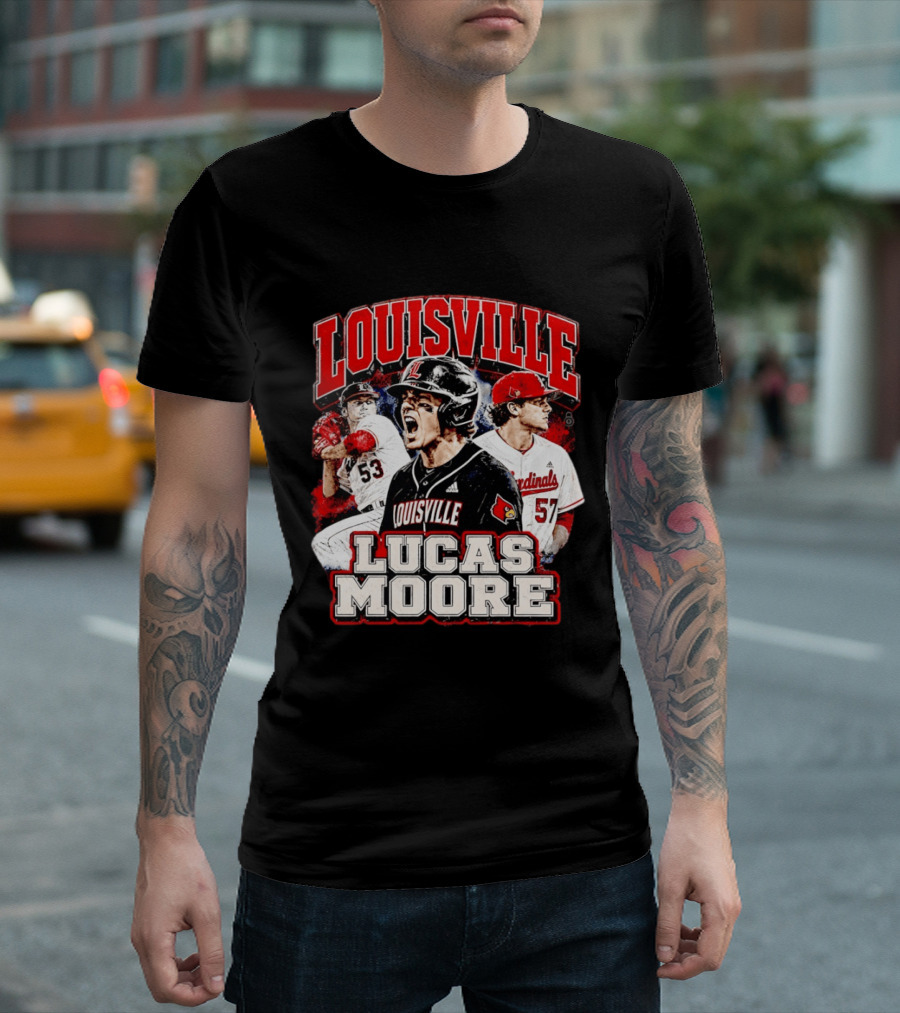 Lucas Moore Louisville Cardinals Baseball Players Dynamic Action T-Shirt