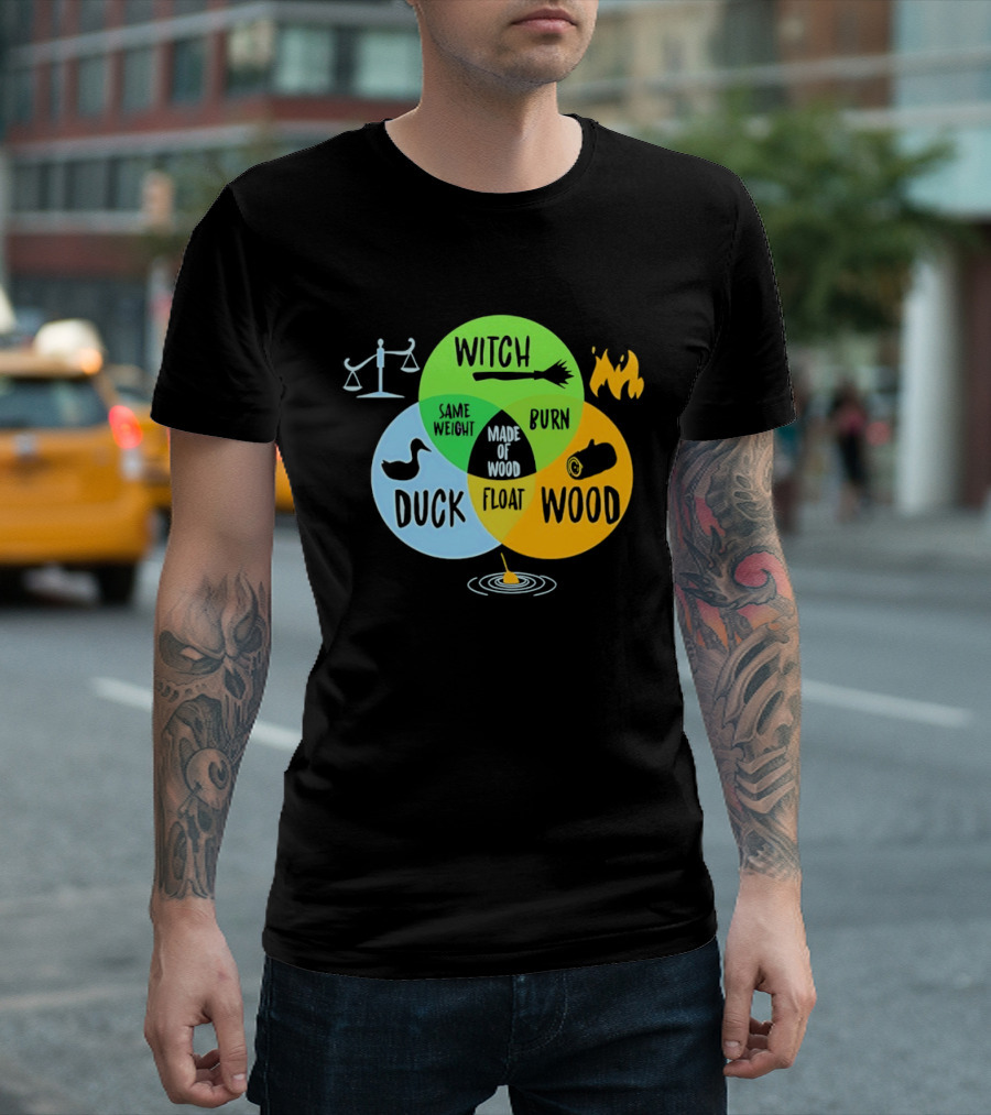 Monty Python Witch Duck Same Weight Made Of Wood Burn Float Venn Diagram T-Shirt