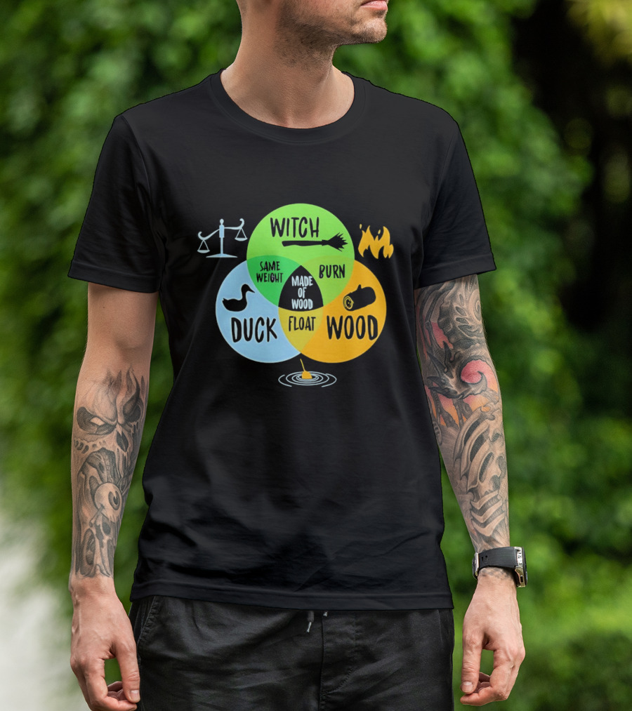 Monty Python Witch Duck Same Weight Made Of Wood Burn Float Venn Diagram T-Shirt