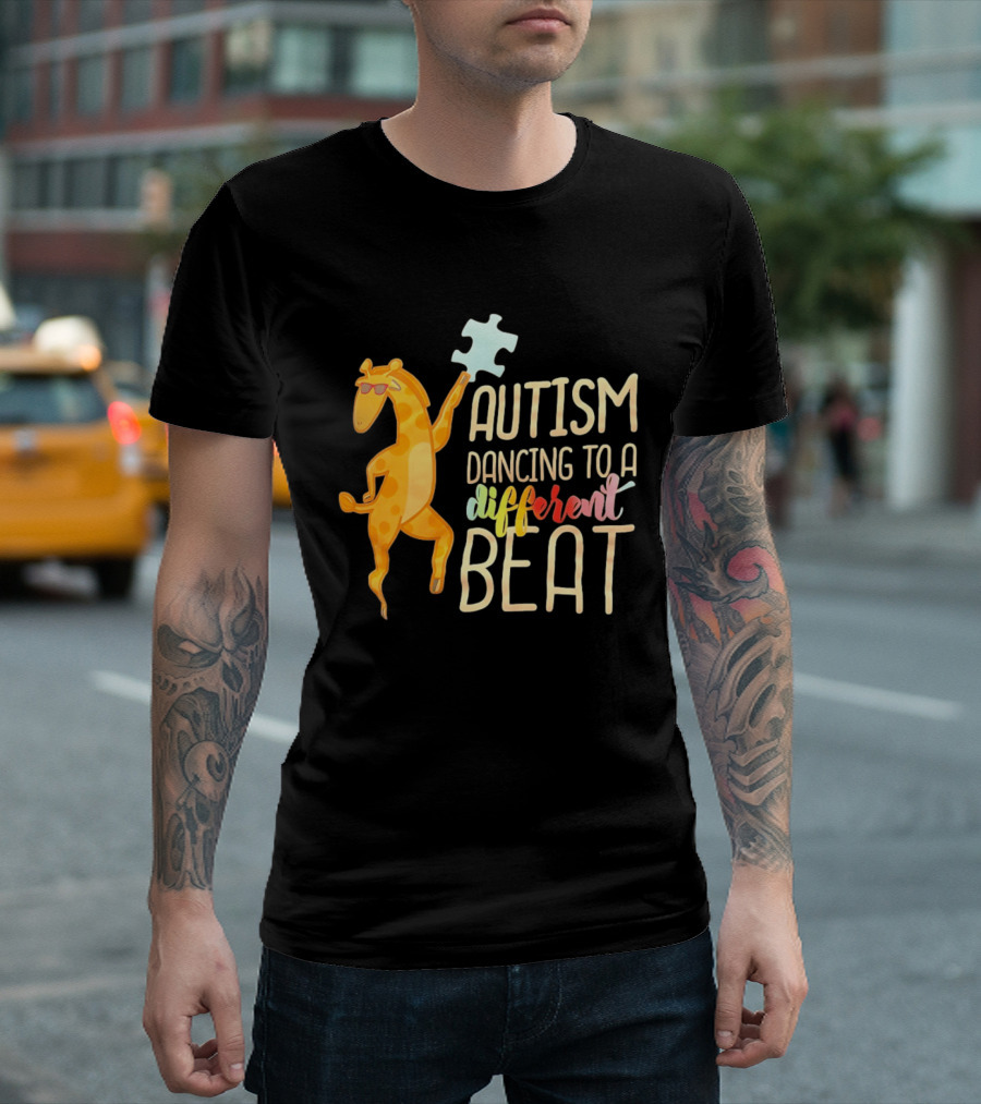 Autism Dancing To A Different Beat Giraffe Puzzle Piece And Sunglasses T-Shirt