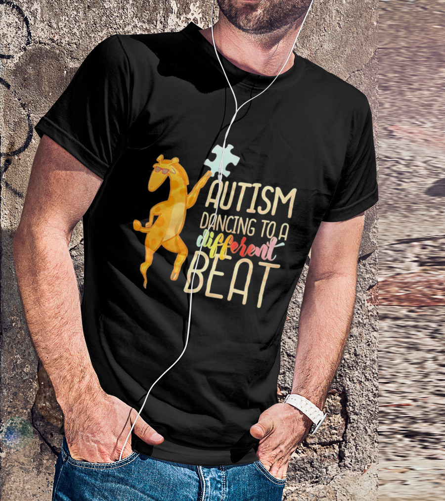 Autism Dancing To A Different Beat Giraffe Puzzle Piece And Sunglasses T-Shirt