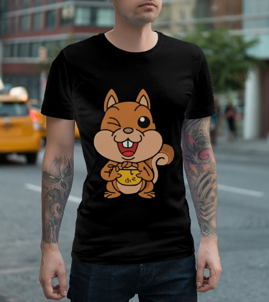 Cartoon Squirrel Holding Yellow Object With "dre" T-Shirt