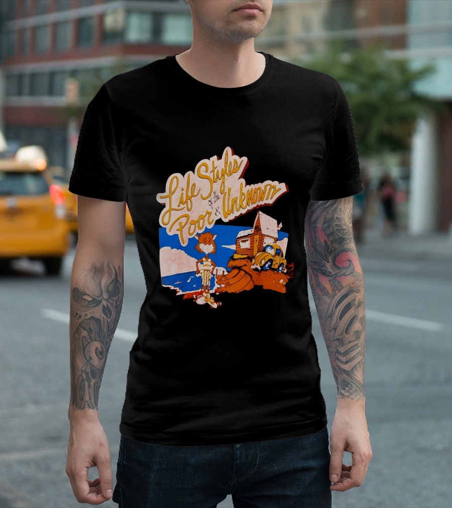Life Styles Of The Poor And Unknown Cartoon Cat Beach Scene With House And Car T-Shirt