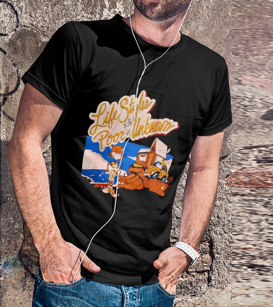 Life Styles Of The Poor And Unknown Cartoon Cat Beach Scene With House And Car T-Shirt