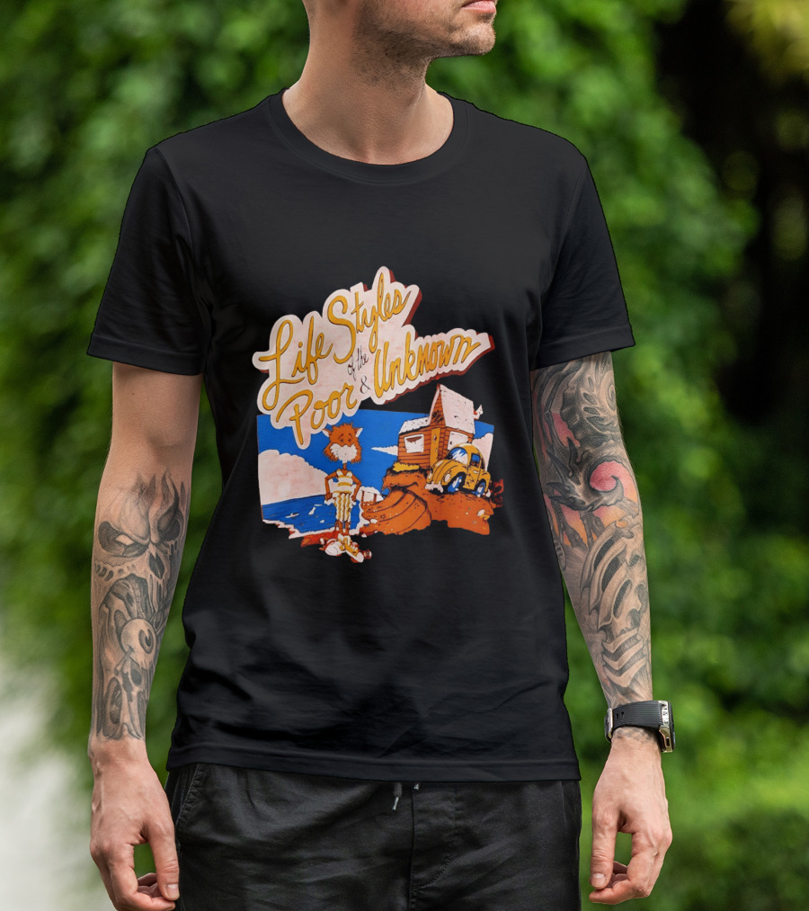 Life Styles Of The Poor And Unknown Cartoon Cat Beach Scene With House And Car T-Shirt