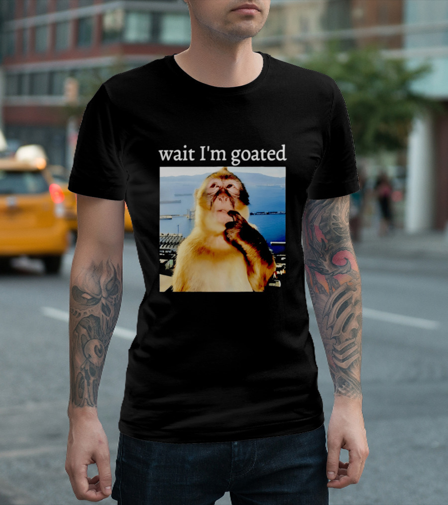 Wait I'm Goated Monkey Meme Coastal View Playful Expression T-Shirt