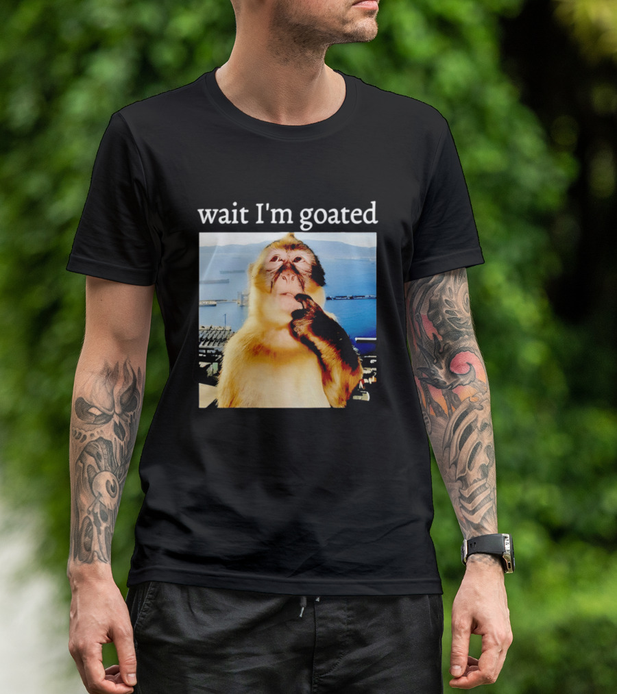 Wait I'm Goated Monkey Meme Coastal View Playful Expression T-Shirt