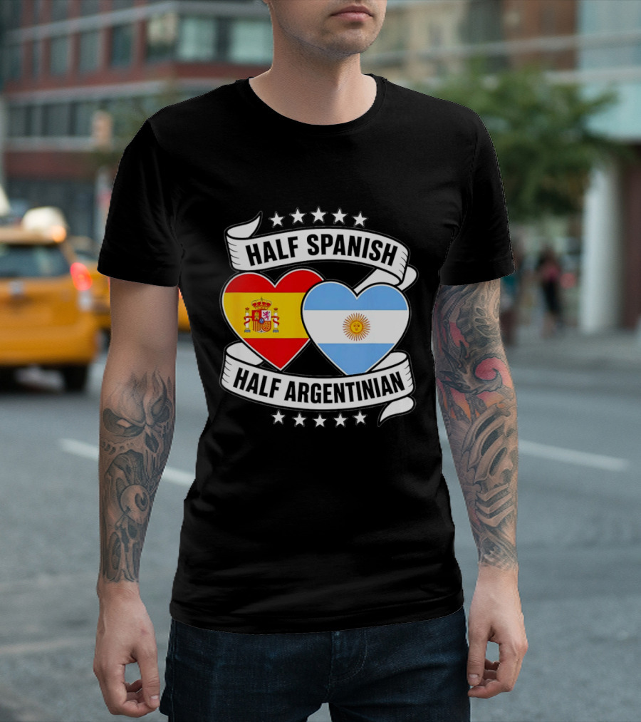 Half Spanish Half Argentinian Heart Flags Banner Star T-Shirt