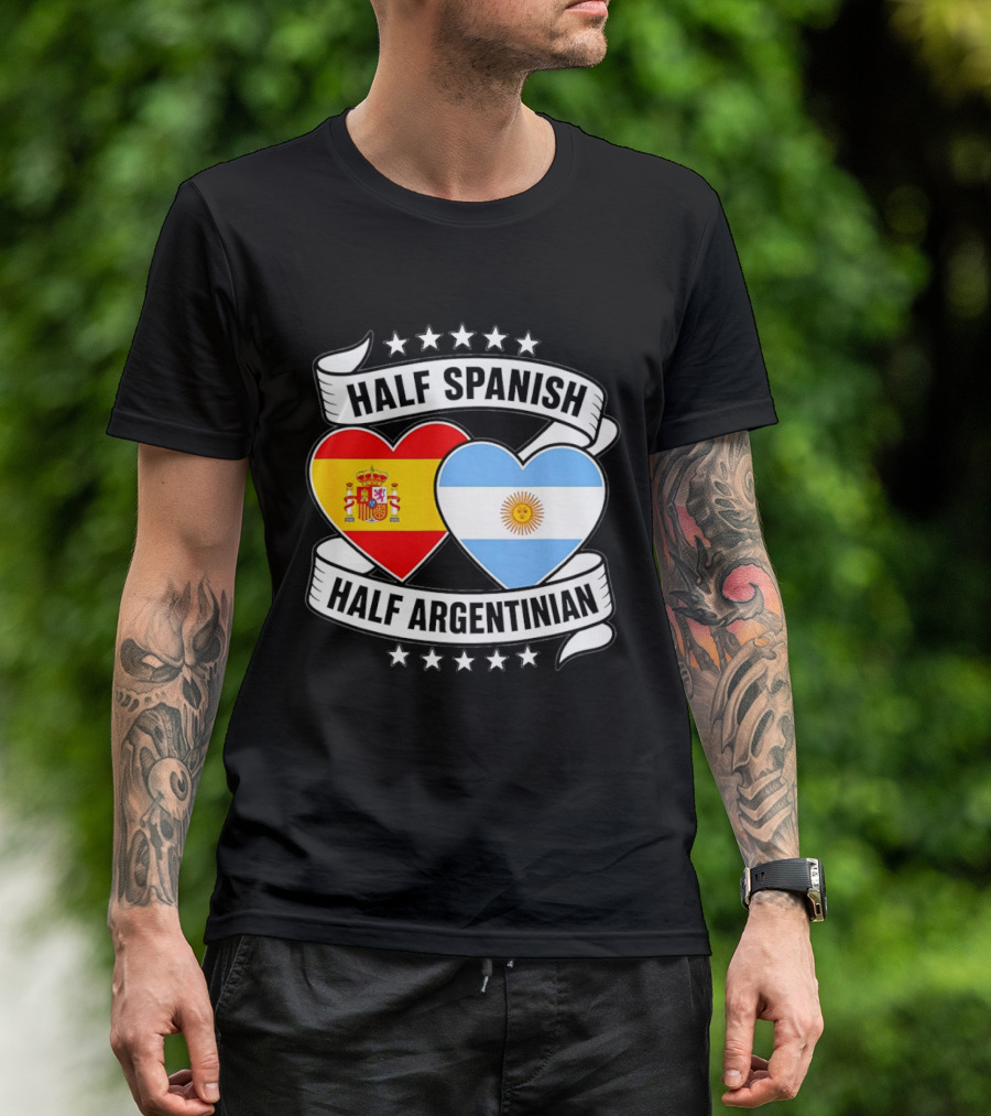 Half Spanish Half Argentinian Heart Flags Banner Star T-Shirt