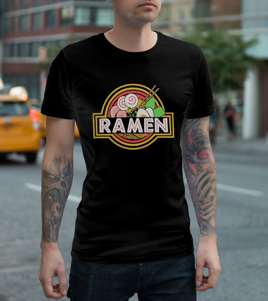 Ramen Jurassic Park Japanese Food Logo Parody With Noodles And Chopsticks T-Shirt