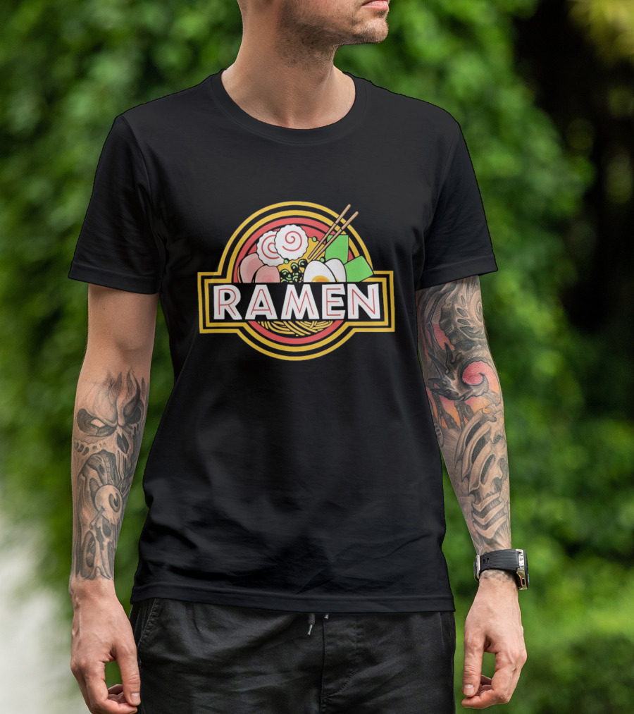 Ramen Jurassic Park Japanese Food Logo Parody With Noodles And Chopsticks T-Shirt