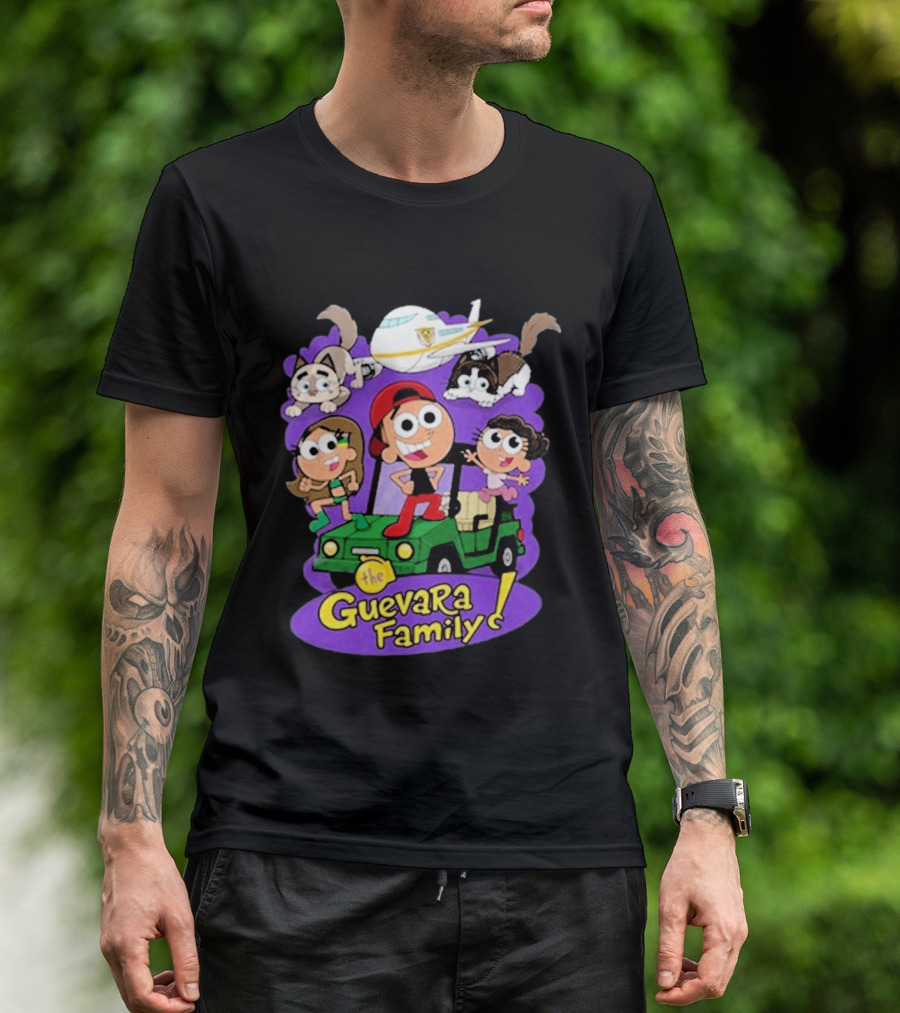 The Guevara Family Cartoon Adventure With Pets And Airplane T-Shirt