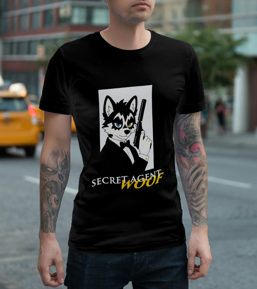 Secret Agent Woof Husky Tuxedo Spy Dog Holding Pistol Image T-Shirt