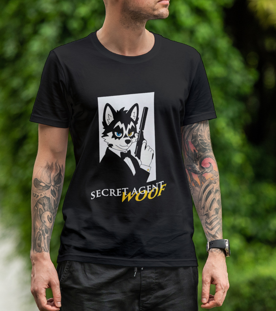 Secret Agent Woof Husky Tuxedo Spy Dog Holding Pistol Image T-Shirt