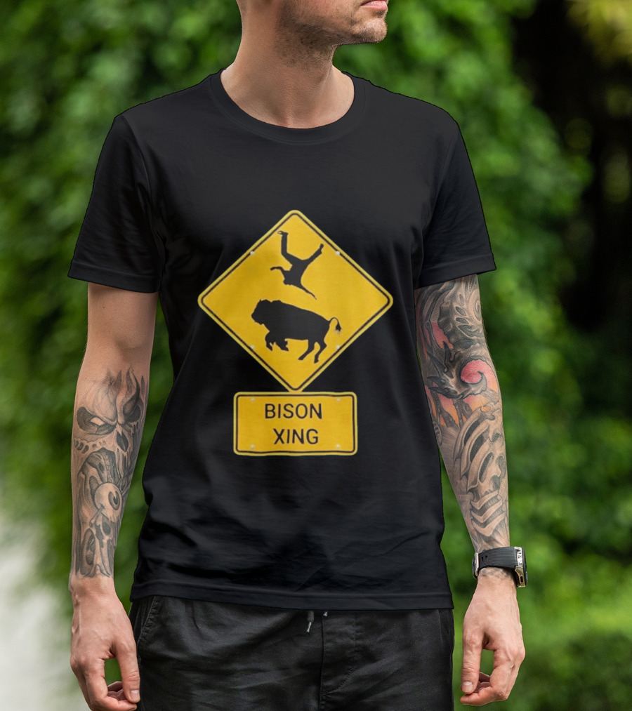 Bison Xing Road Sign With Pedestrian Warning T-Shirt