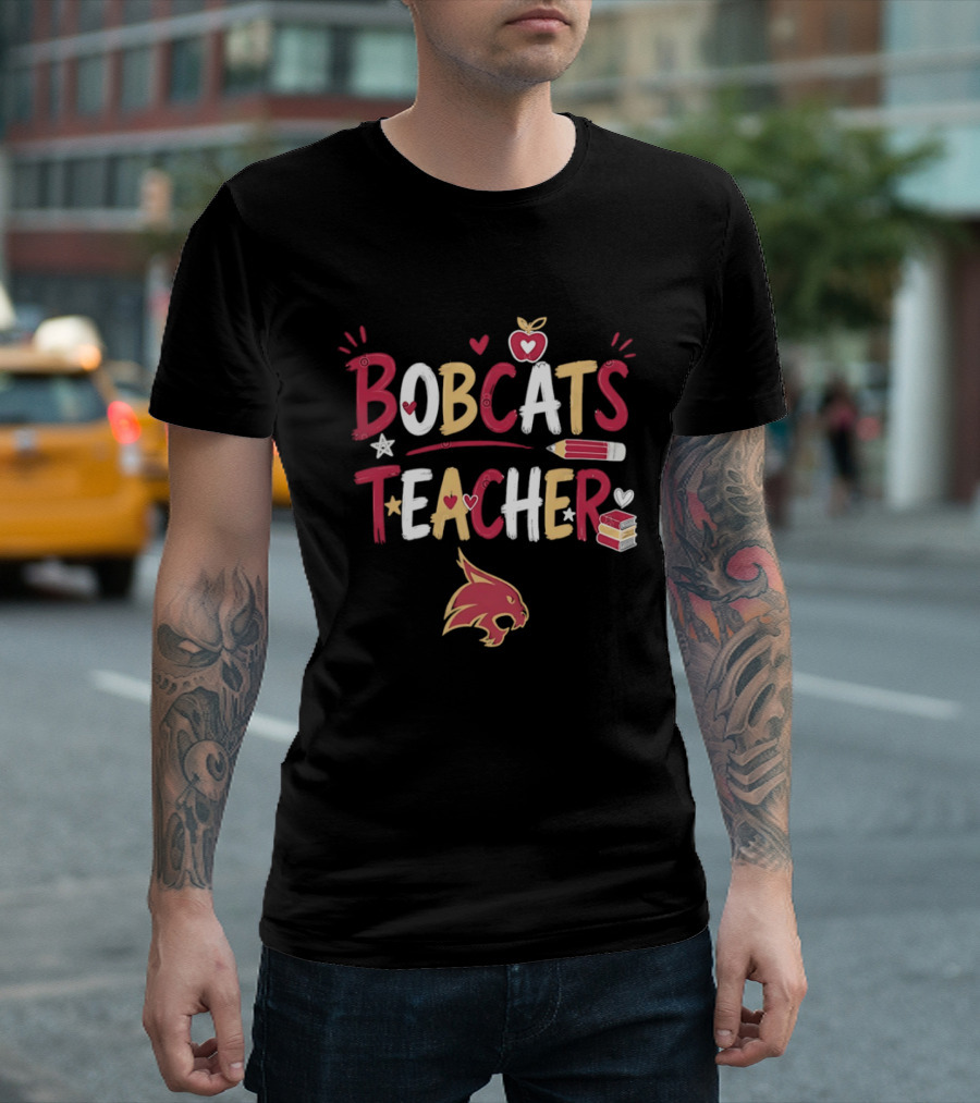 Bobcats Teacher School Spirit Heart Pencil Books Stars T-Shirt